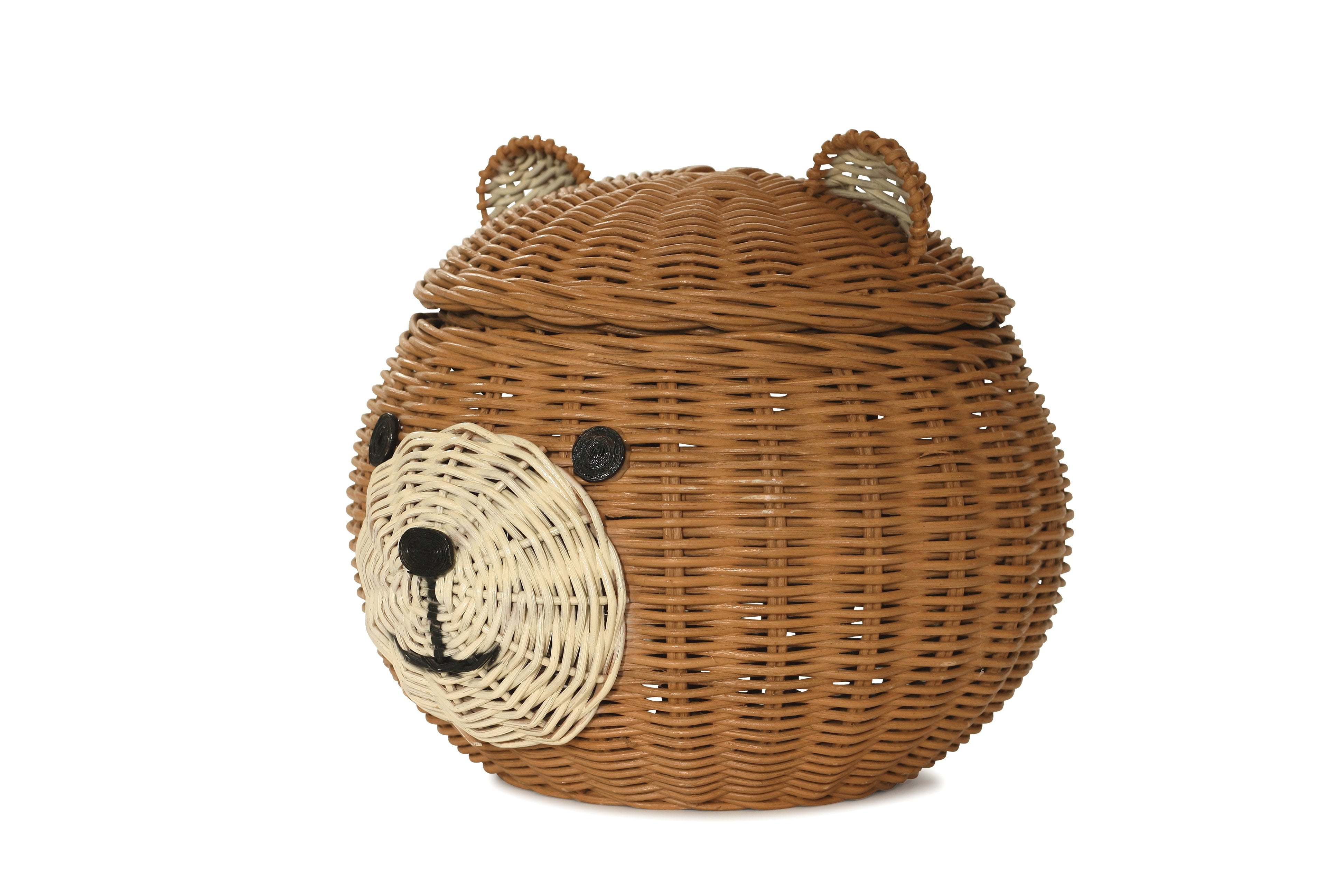 Bear Head Rattan Storage Basket with Lid Decorative Home Decor Hand Woven Shelf Organizer Cute Handmade Handcrafted Gift Art Decoration Artwork Wicker