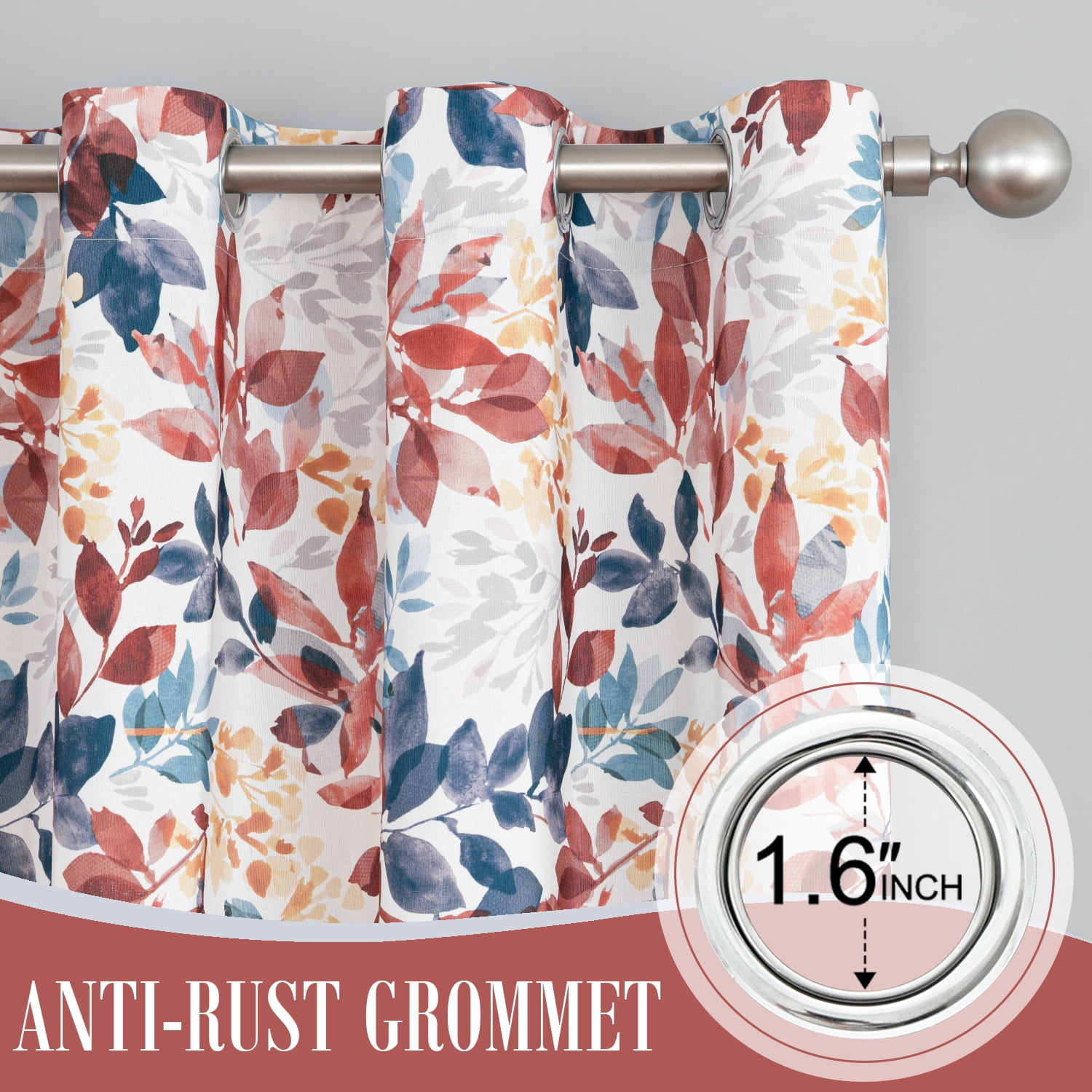 VOGOL Multi Color Leaves Print Bedroom Curtains, Farmhouse Print Room Darkening Grommet Decor Drapery for Living Room, 2 Panels, 52 x 63