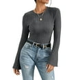 thumbnail image 7 of Lenpel Women's T-Shirts Bell Long Sleeve Crew Neck Ruffle Trim Slim Ribbed Knit Tops Brushed Fleece Tee Blouses(Dark Gray,Medium), 7 of 7
