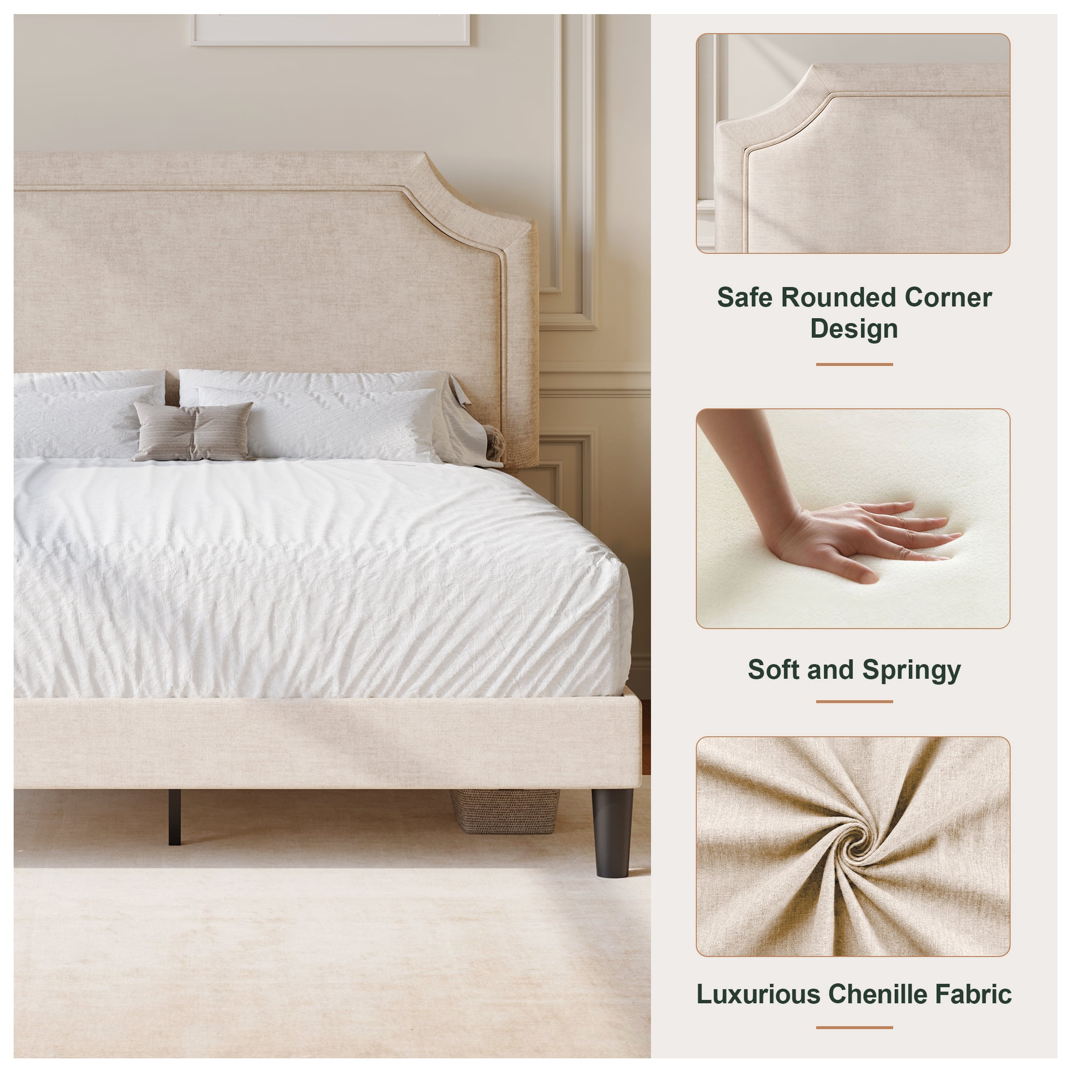 Amolife Queen Bed Frame, Upholstered Platform Bed with Streamlined Adjustable Headboard, No Box Spring Required, Beige, Chenille Fabric
