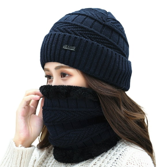 Visland 2Pcs/Set Women Hat Scarf Warm Neck Protection Thicken Knitted Winter Hat Face Cover for Outdoor