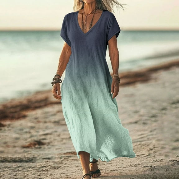 Taylonsss Womens Fashion Floral Print Short Sleeve V Neck Flowy Long Dress Casual Beach Resort Outfit