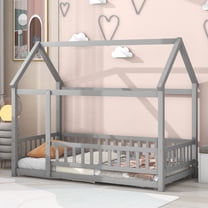 Twin Size Floor Bed with House Roof Frame, Wooden Montessori Bed Frame with Fence Guardrails, Twin House Platform Bed for Children Girls and Boys, No Bed Slats, Gray