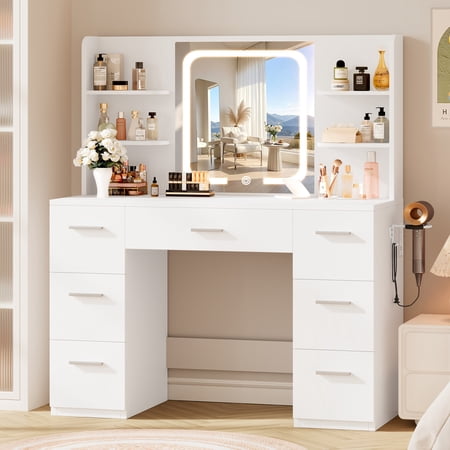 LIVELYGLOW Vanity Desk Set with Mirror,Makeup Vanity Set with LED Lights,Dressing Table with 3 Lighting Modes for for Bedroom,White