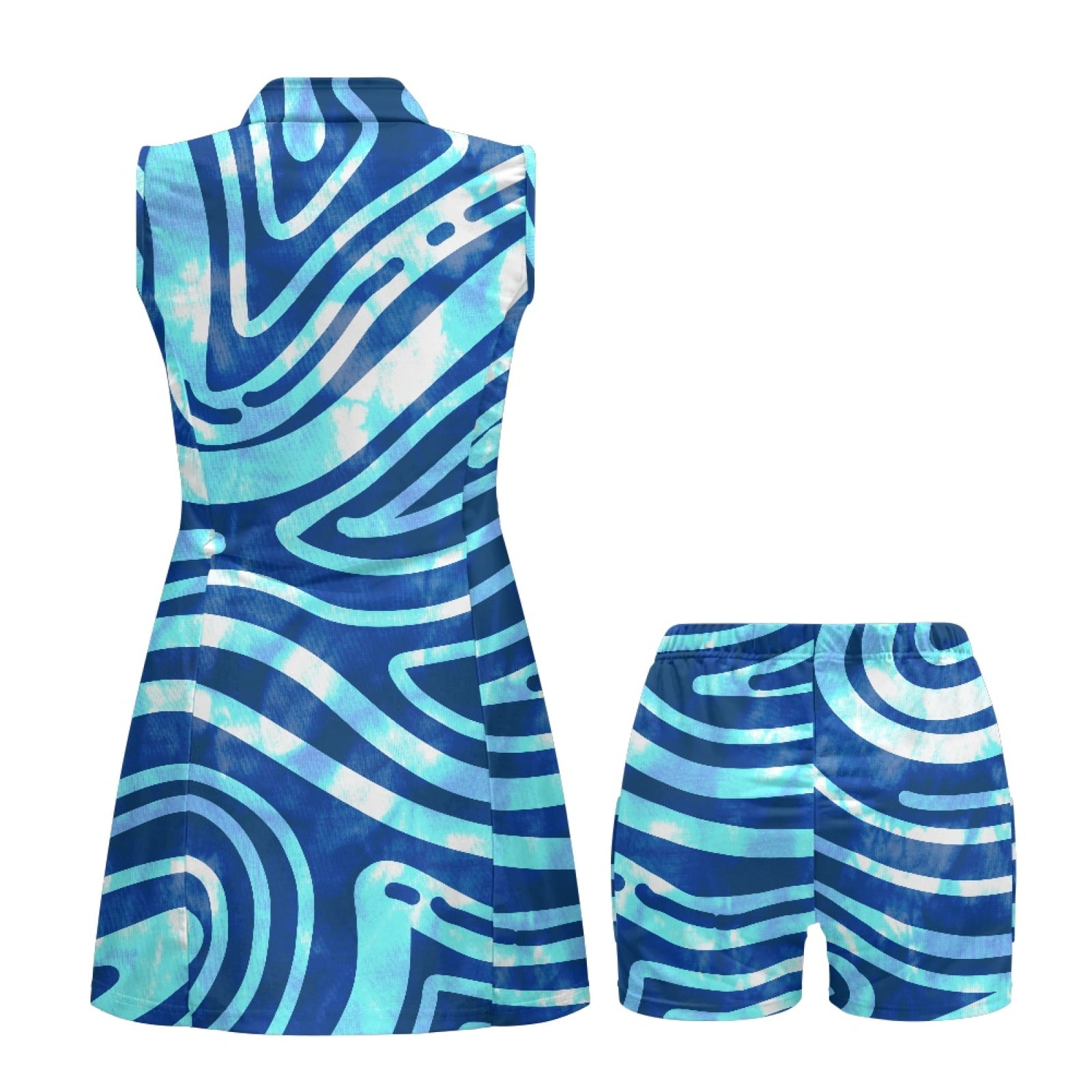 COEQINE Blue Stripes Print Women's Golf Dress with Built in Shorts Sleeveless Quick Dry Exercise Dresses with Pockets and 2 Piece Set V-Neck Washable Pickleball Outfits, L