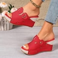 thumbnail image 3 of Platform Sandals for Women Backless Wedges Heels Retro Studded Leather Slip on High Heeled Peep Toe Mules Shoes with Buckle Strap Red Size 9.5, 3 of 8
