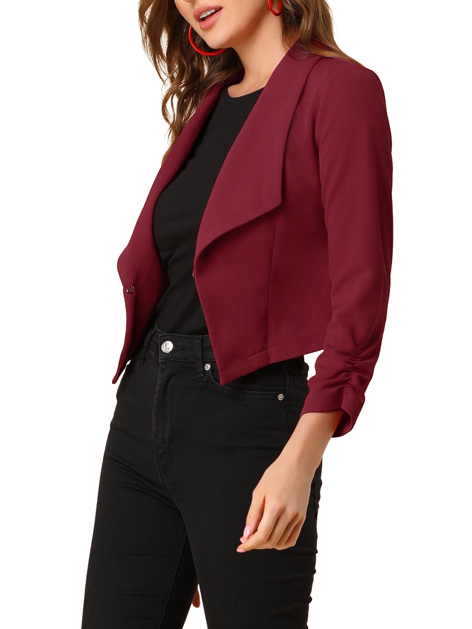 DARING DIVA Women's Notched Lapel Ruched Sleeve Crop Blazer L Burgundy