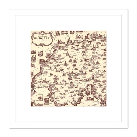 1936 Ernest Dudley Chase Pictorial Map Switzerland 8X8 Inch Square Wooden Framed Wall Art Print Picture with Mount