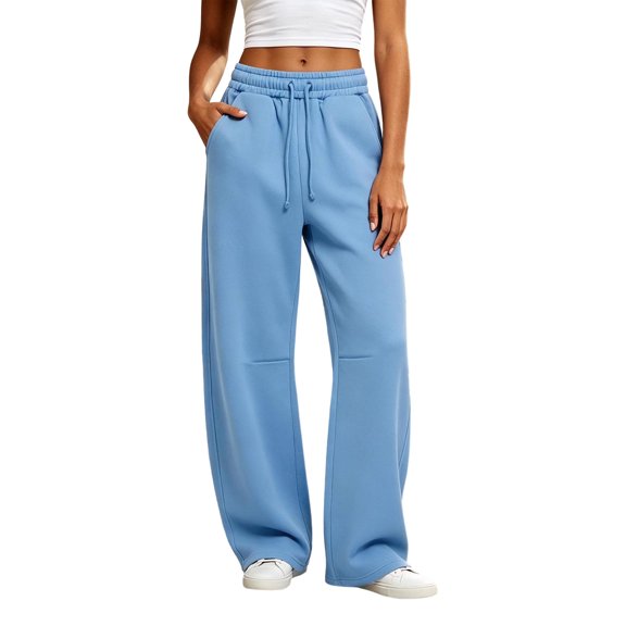 Inleife Women's Solid Barrel Wide Leg Sweatpant Drawstring Elastic Waisted Wide Leg Pants Casual Trousers With Pockets