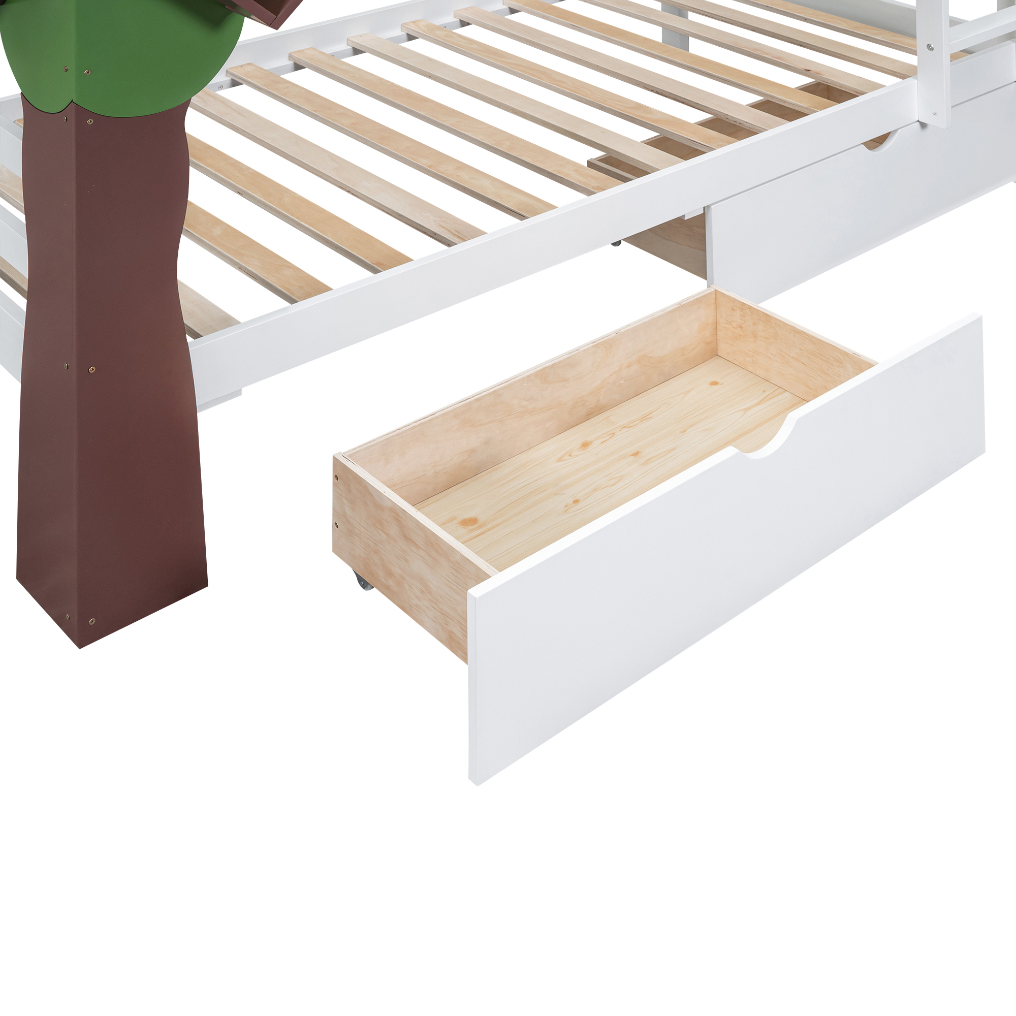 DEALTOPS Twin-Over-Twin Bunk Bed with a Tree Decor and Two Storage Drawers - White