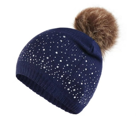 

Zlekejiko Cap Keep Hairball Wool Winter Cute Baby Hat Knitting Hemming Warm Rhinestone Kids Hat