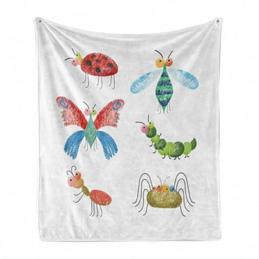 Animals Soft Flannel Fleece Throw Blanket, Hand Drawn Bugs with Pencil Marks Ladybug Caterpillar and Butterfly Composition, Cozy Plush for Indoor and Outdoor Use, 70" x 90", Multicolor, by Ambesonne