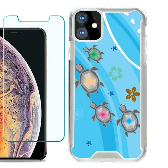 For Apple iPhone 11 Case, Hybrid Bumper Phone Case, with Tempered Glass Screen Protector, by OneToughShield ® - Happy Turtle
