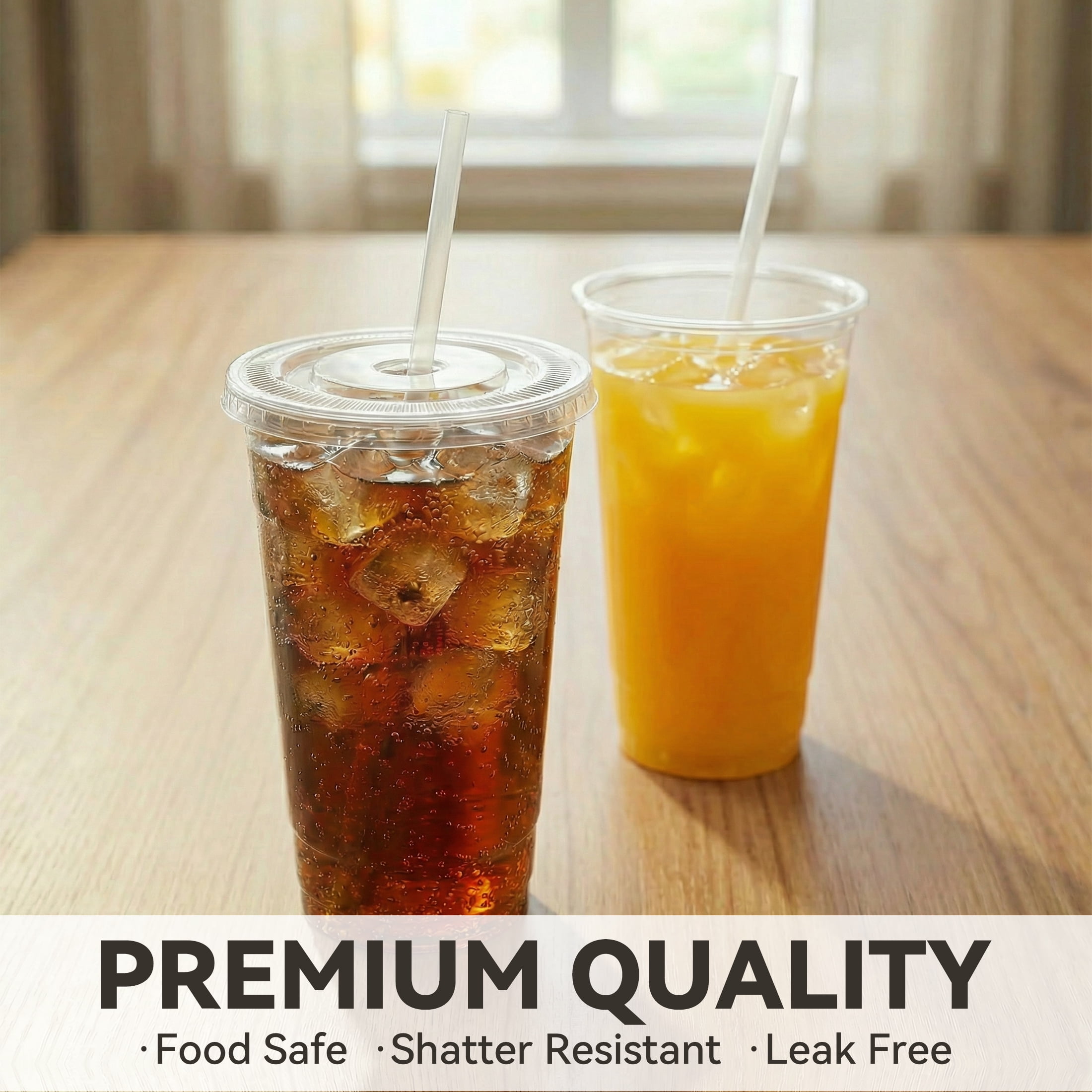 Family Essentials 100 Pack 24 Fl Oz Clear Plastic Cups with Lids and Straws, Disposable To-Go Cups for Iced Coffee, Smoothies & Cold Drinks