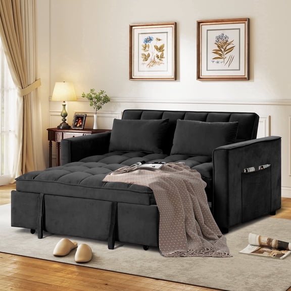 Ebello Modern Convertible Sofa Bed with Pull Out Bed, Velvet Upholstered with Adjustable Backrest and Side Pockets for Living Room Office, Black