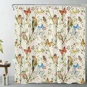 Vintage Butterfly and Bird Shower Curtain for Bathroom Rustic Colorful Wildflower Green Plant on Beige Bathroom Shower Curtains with Hooks, Spring Farmhouse Bathroom Curtains Shower Set 69x70 inch