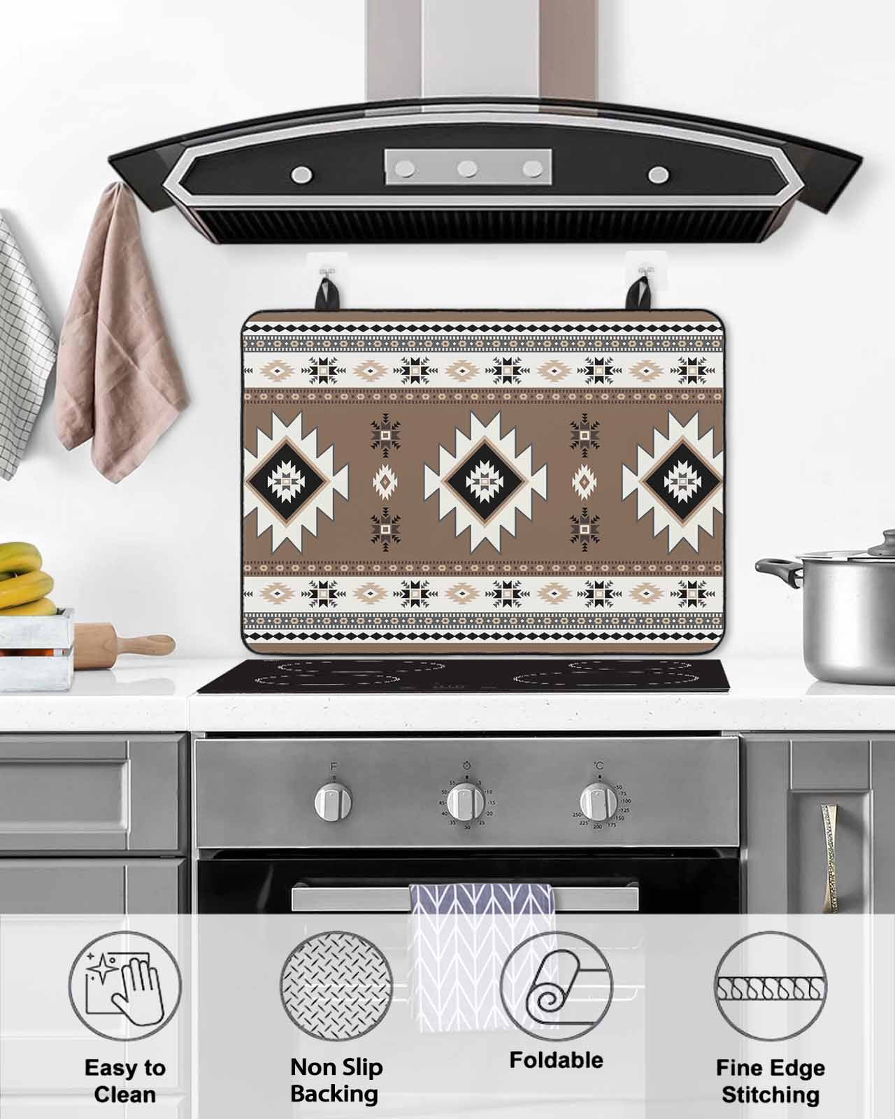 nqOlkjepod Large Induction Cooktop Protector Mat 24"x21", Brown Boho Stove Top Covers for Electric Stove, Farmhouse Aztec Southwest Ethnic Geometric Stove Burner Cover Mats, Glass Top Stove Cover