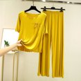 thumbnail image 2 of mihongmao Summer Womens Sweatsuits 2 Piece Set Summer Outfits Women Fashion Round-Neck Casual Solid Short Sleeve Outing Long Pants Sets Yellow L, 2 of 6