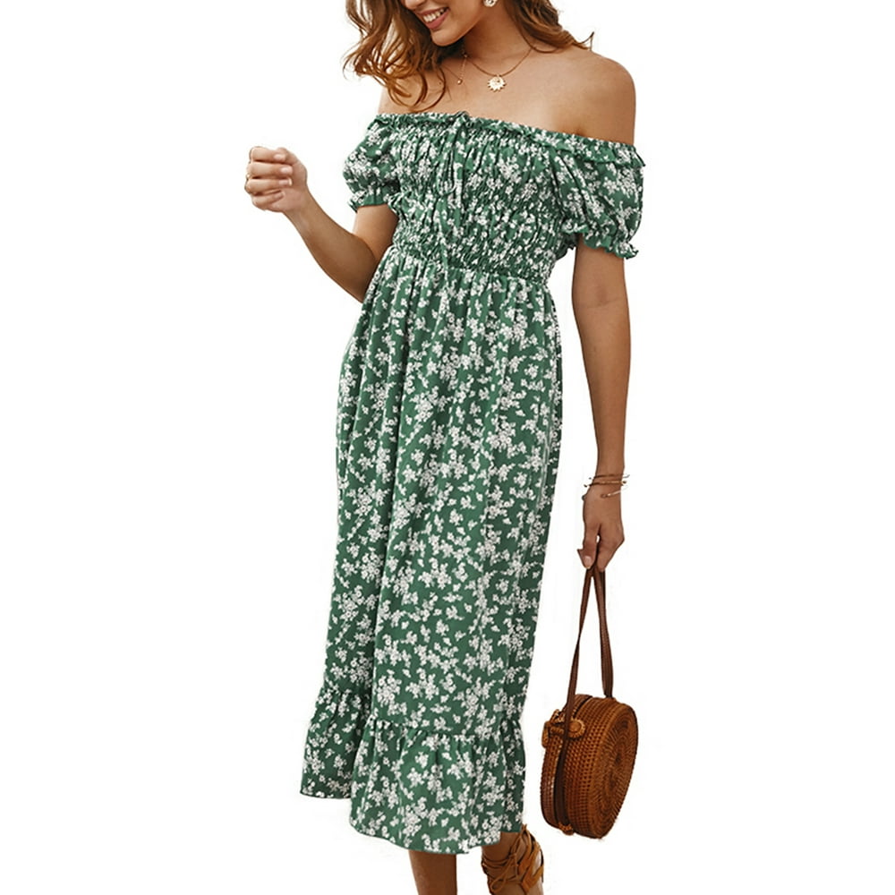 Wodstyle - Women's Off Shoulder Party Boho Sundress Floral Short Sleeve
