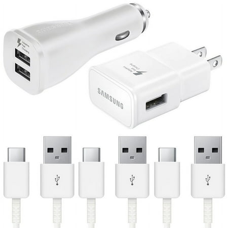 Original Fast Charger Set for Samsung Galaxy S24, S23, S22, S21, S20, S10 Ultra, Plus 15W USB Fast Wall Charger Plug + Dual USB Car Charger Adapter + 3x 4ft Type-C Cable [White]