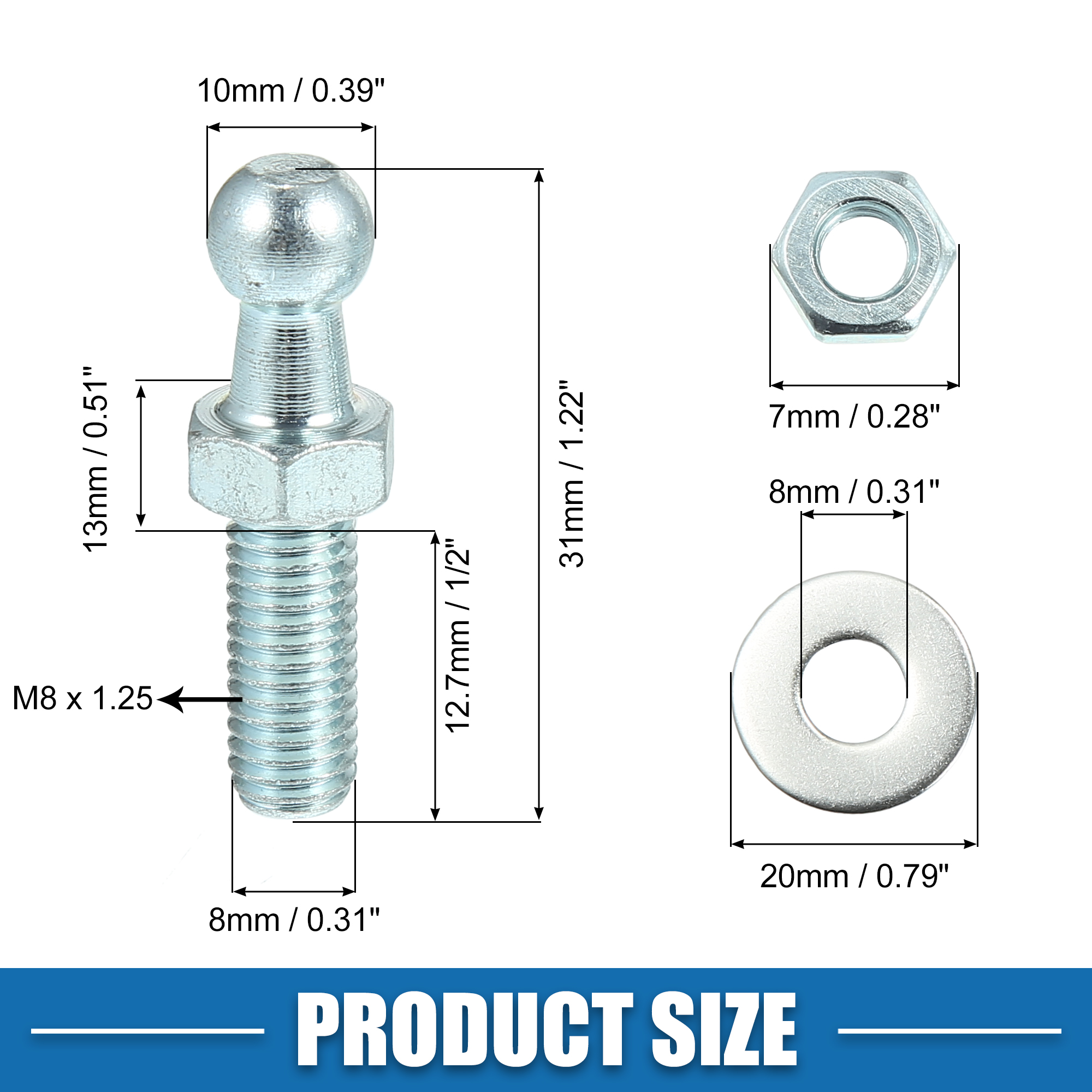 Unique Bargains 10mm Car Strut Ball M8 x 1.25 Thread with Lock Nuts and Washers