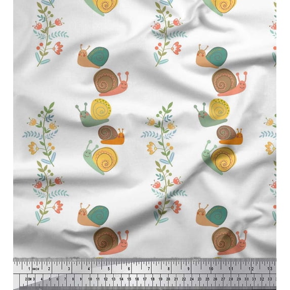 Soimoi Cotton Cambric Fabric Leaves,Floral & Snail Kids Fabric Prints by Yard 42 Inch Wide