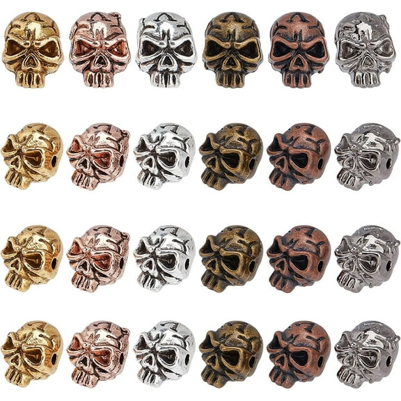 Skull Beads 24pcs 6 Styles Zinc Alloy Skeleton Head Bead Charms Loose Spacer Bead for Men Original Bracelet DIY Earring Necklaces and Halloween Home Party Decorations