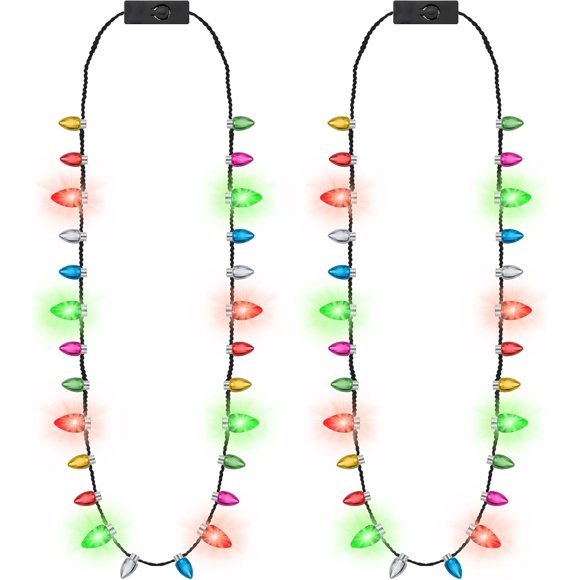 MISSUNNY 2PCS Christmas Light Necklace Light up, Christmas Necklace with Colorful Bulbs, 3 Glow Modes Xmas Lights Decoration, Wearable Christmas Lights for Xmas Family Party Decorations Ugly Sweater D