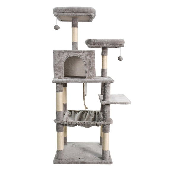 GOOPAWS Multi-Level 63-in Faux Fur Cat Tree & Condo with Hammock, Light Grey