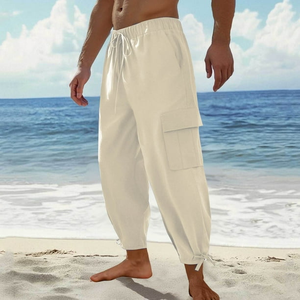 Pantalones largos para hombre, de color liso, holgados, informales, con bolsillos grandes, de lino, cintura elástica y cordón ajustable, de poliéster.