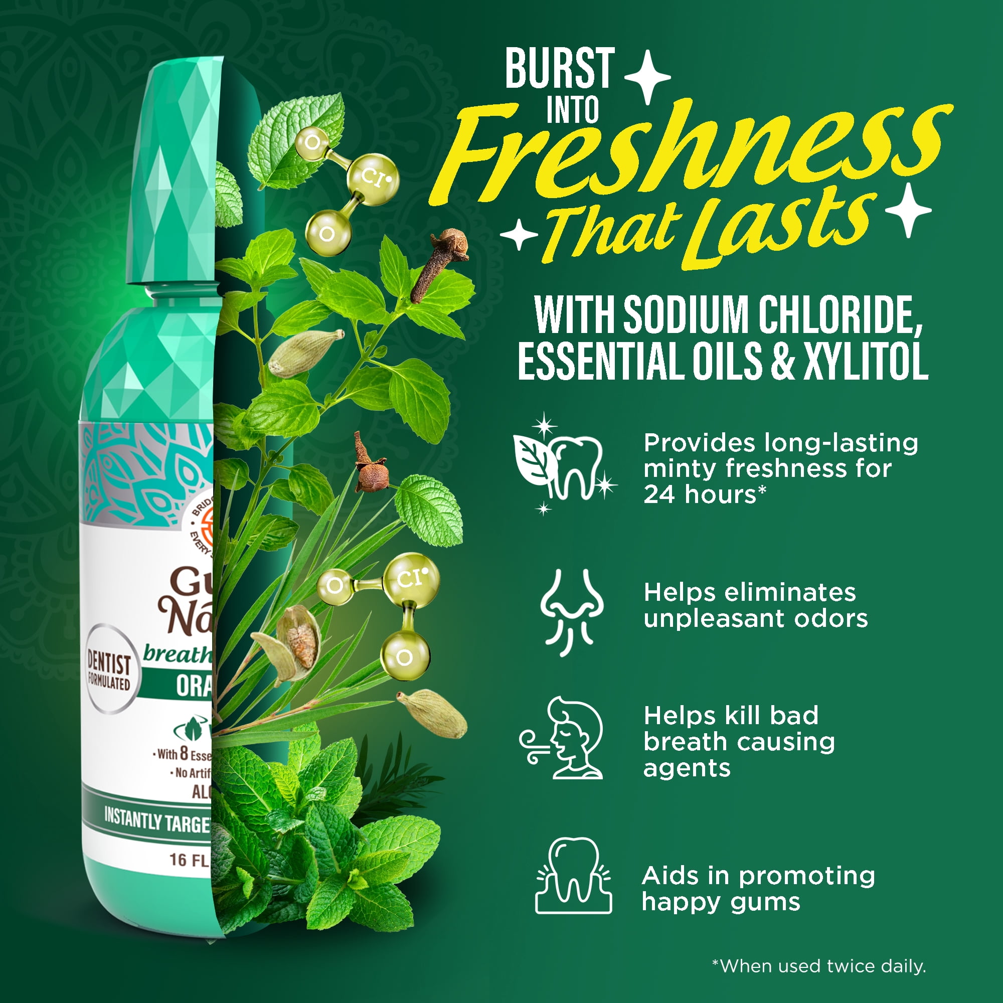 GuruNanda Fresh Breath Oral Rinse - Alcohol Free Mouthwash - 16 fl oz