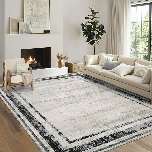 Assaile 9 x 12 ft Polyester Area Rugs, Gray Runner Border Printed, Indoor Aesthetic Machine Washable Modern Rugs for Entryway Living Room