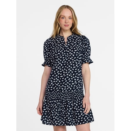 Time and Tru Women's Cotton Double Cloth Mini Dress with Drop Waist, Sizes XS-XXXL