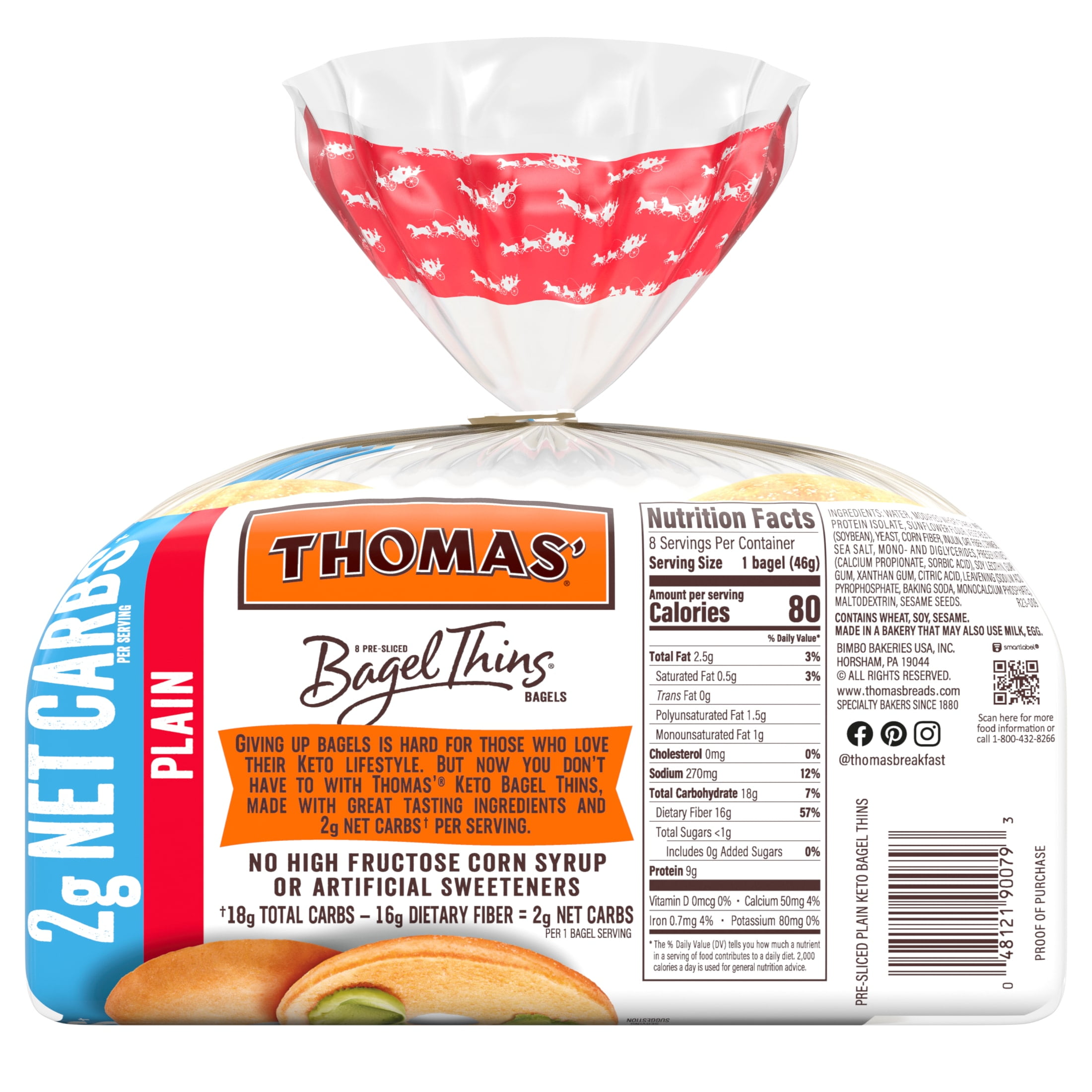 Thomas' Keto Plain Bagel Thins, 8 count, Bagels, 13 oz Bag