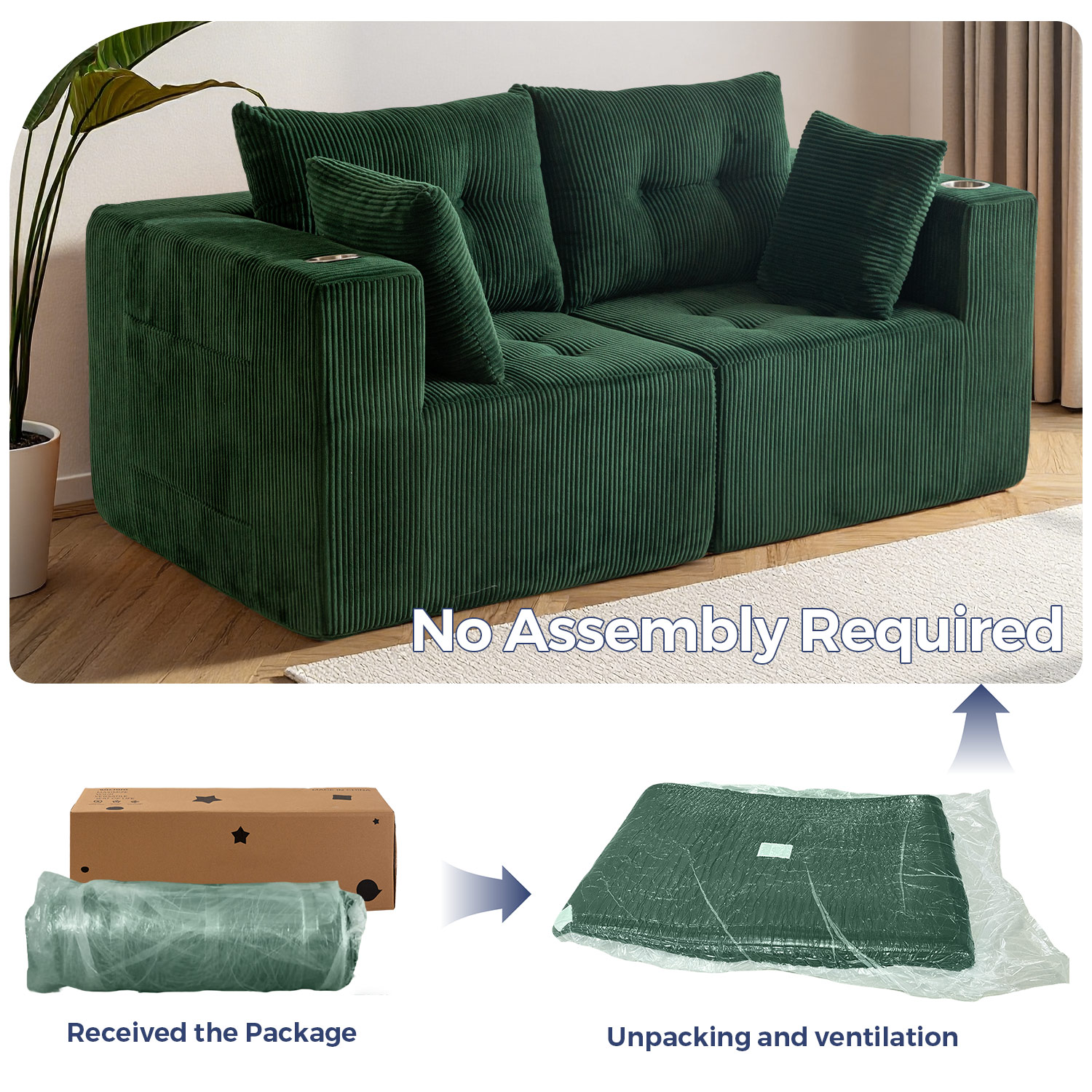 BYBYME 73"Oversized Loveseat Couch,2 Seat Sectional Corduroy Tufted Sofa,Upholstered Symmetrical Cloud Couch with Double Chaise,Wrap Around Sofa for Living Room Apartment Office,Sofa in A Box,Green