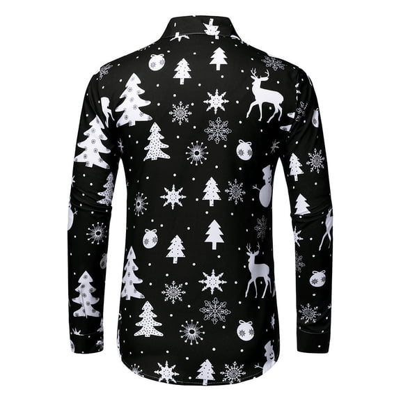 FAOWME Men's Christmas Shirt Long Sleeved Lapel Buttons Snowflake Reindeer Printed Fashion Comfortable Blouse Tops For Casual Daily Wear Black L
