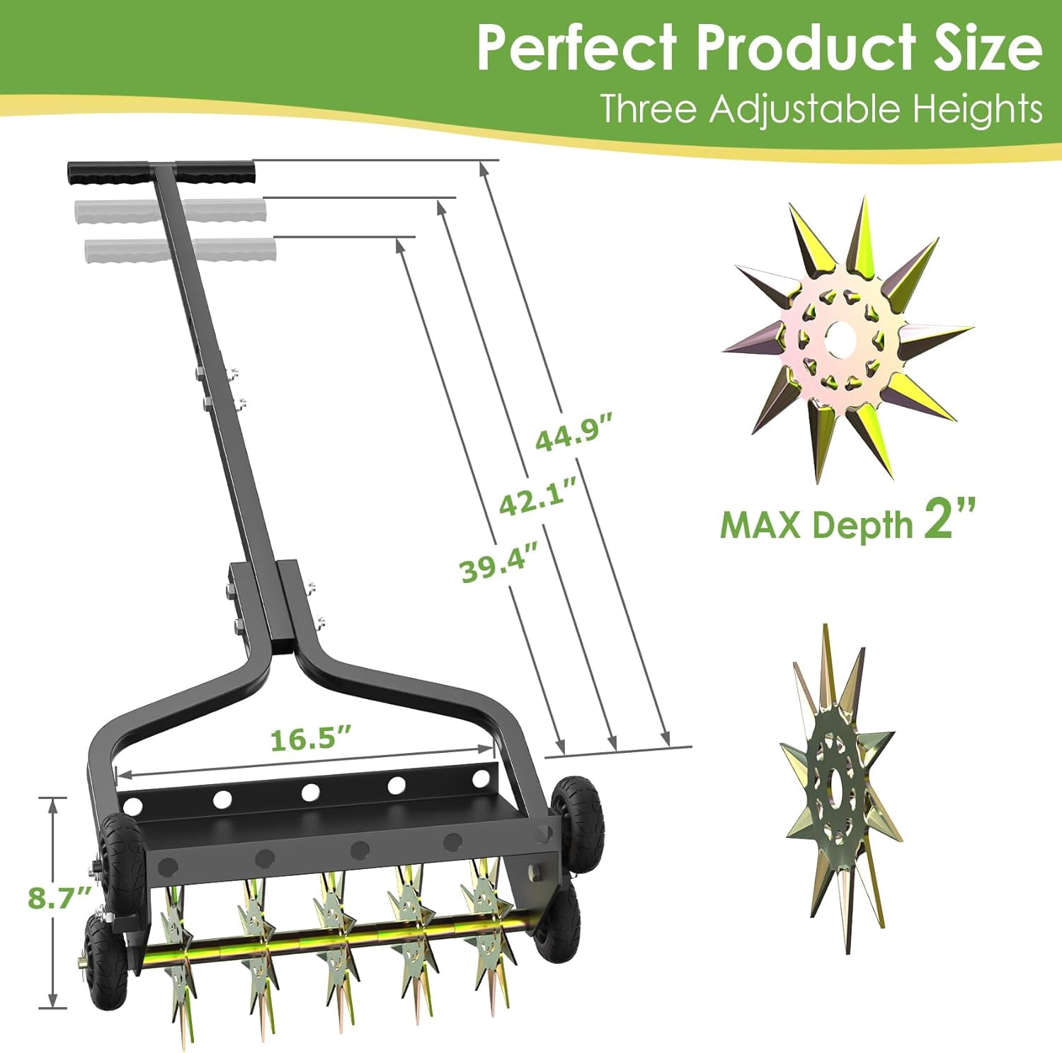 DKMOCO 18in Lawn Aerator, Upgraded Heavy Duty Manual Lawn Aerators Tool w/ 3D Steel Tines and 4 Wheels, Push Spike Aerator Suitable for Garden, Lawn and Yard