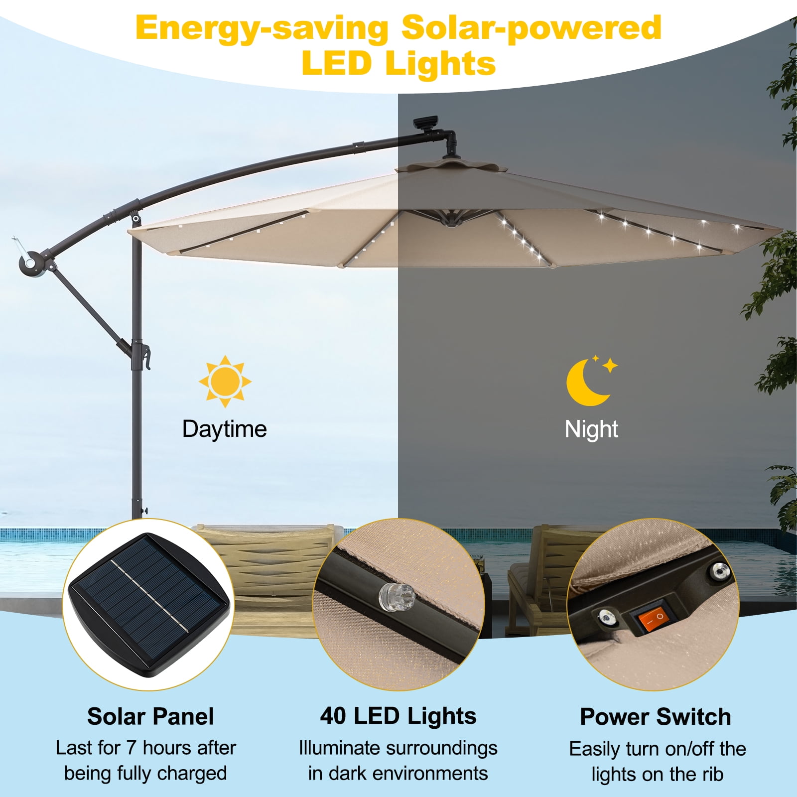 Costway 8.2' Beige Round Cantilever Patio Umbrellas, LED Lights