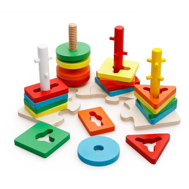 4 Columns Geometric Building Blocks Kids Children Wooden Toy