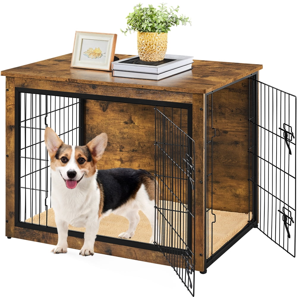 Alden Design 32″ Dog Crate Furniture with Anti-skid Plush Mat for Medium Dog, Rustic Brown
