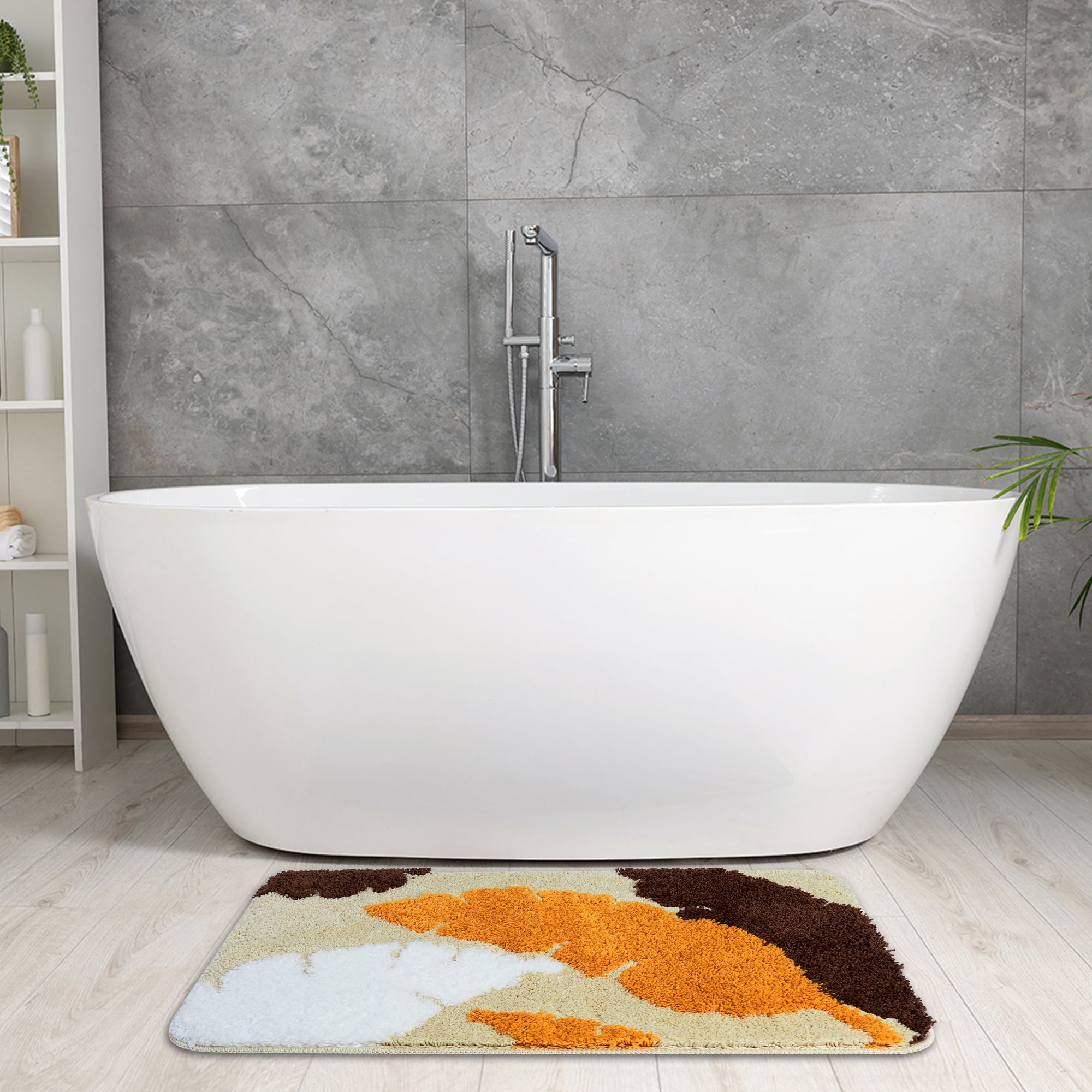Unique Bargains Cute Leaf Pattern Bath Rug Boho Non Slip Bathroom Decor Washable Mat Orange 20" x 32"