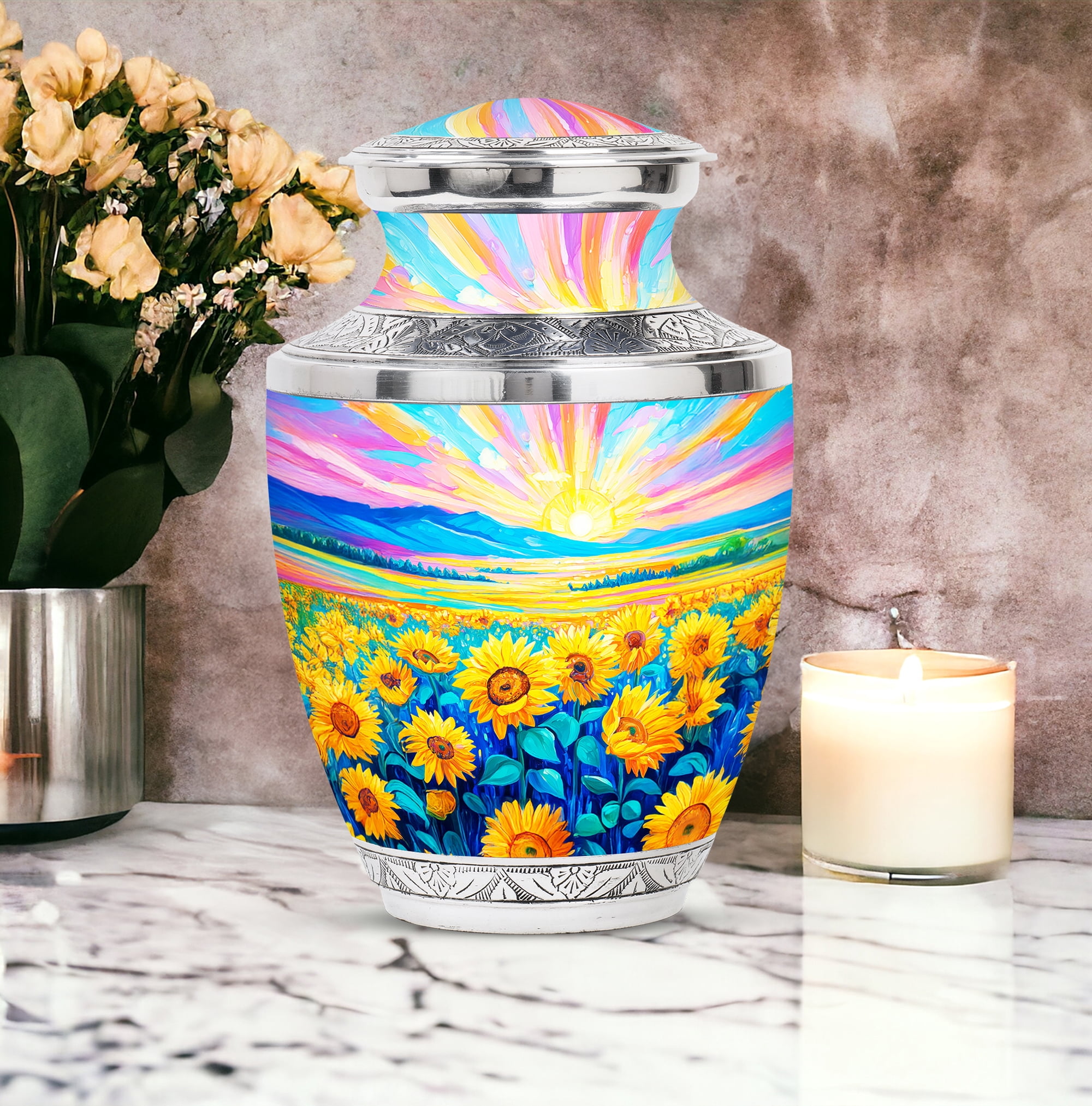 MUKTIVE Sunflower Large Cremation Urn for Human Ashes Mom & Dad, Memorial Blue Urns for Ashes Adult Male & Female, Funeral Urns for Ashes, Urn for Husband & Wife, 10 Inch