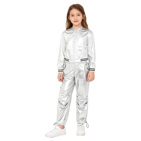 Doomiva Kids Girls Boys Hip Hop Jazz Modern Dance Outfit Shiny Metallic Long Sleeve Bomber Jacket and Pants Set Tracksuit Silver 12