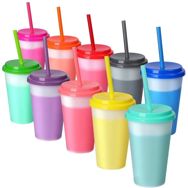Vasos de plástico Casewin para niños con tapa y pajita - Paquete de 10 vasos reutilizables de 355 ml con pajita | Vaso con tapa que cambia de color para adultos, vasos de viaje a granel para café frío