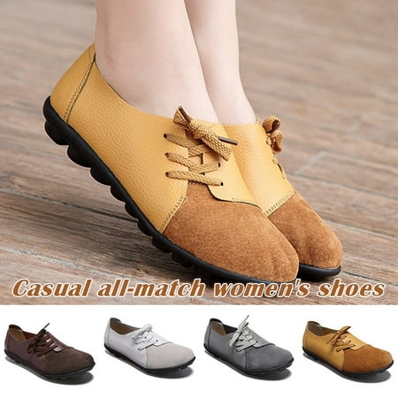 

Large Size Women Casual Loafers Soft Lightweight Splicing Leather Lace Up Flats Loafers Shoes