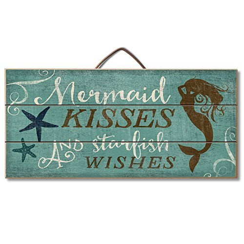 Mermaid Crescent Moon Sign Wood Framed Canvas Starfish Mirror Beach Home Decor 
