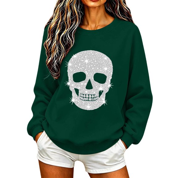 WEIWEN Halloween Sweatshirts for Women Oversized Skull Printed Long Sleeve Fall Outfits Halloween Sweaters for Women Going Out Tops Women's Clothing Spooky Season Clothes Dark Green, S