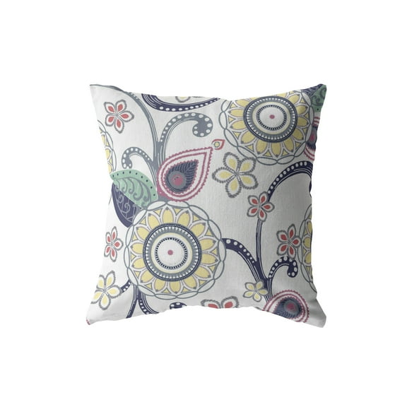 Flower Circles Indoor/Outdoor Pillow with Removable Cover in Yellow Green Dark Blue on White16x16