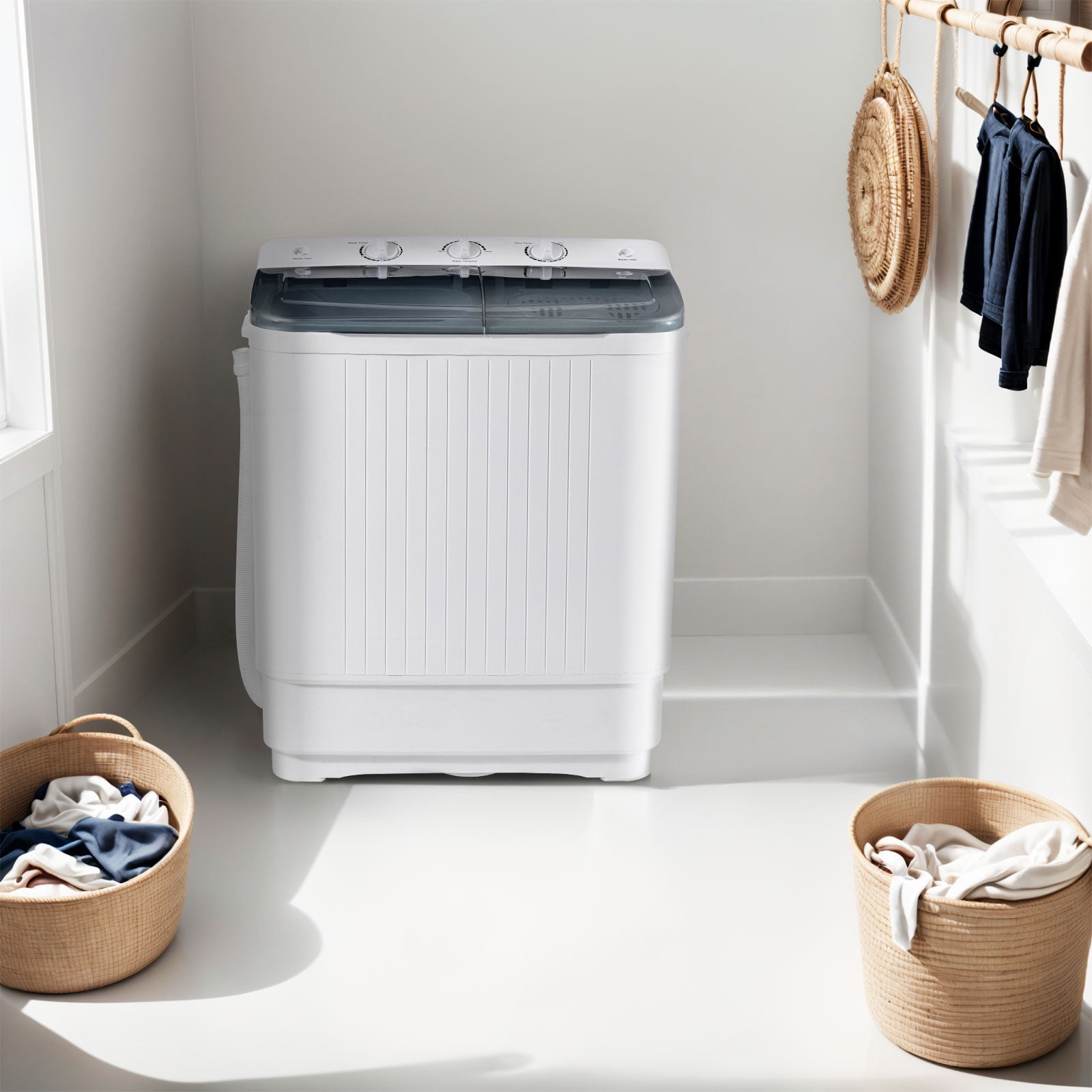 Dimedeal 32 lbs Portable Twin Tub Mini Washing Machine, 20 lbs Washer & 12 lbs Spinner with 1 Drying Rack & 10 Hangers