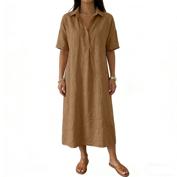 Women's Shirt Dresses Collared Short Sleeve Maxi Dress Breathable Relaxed Fit Vacation Resort Summer Dress Brown S